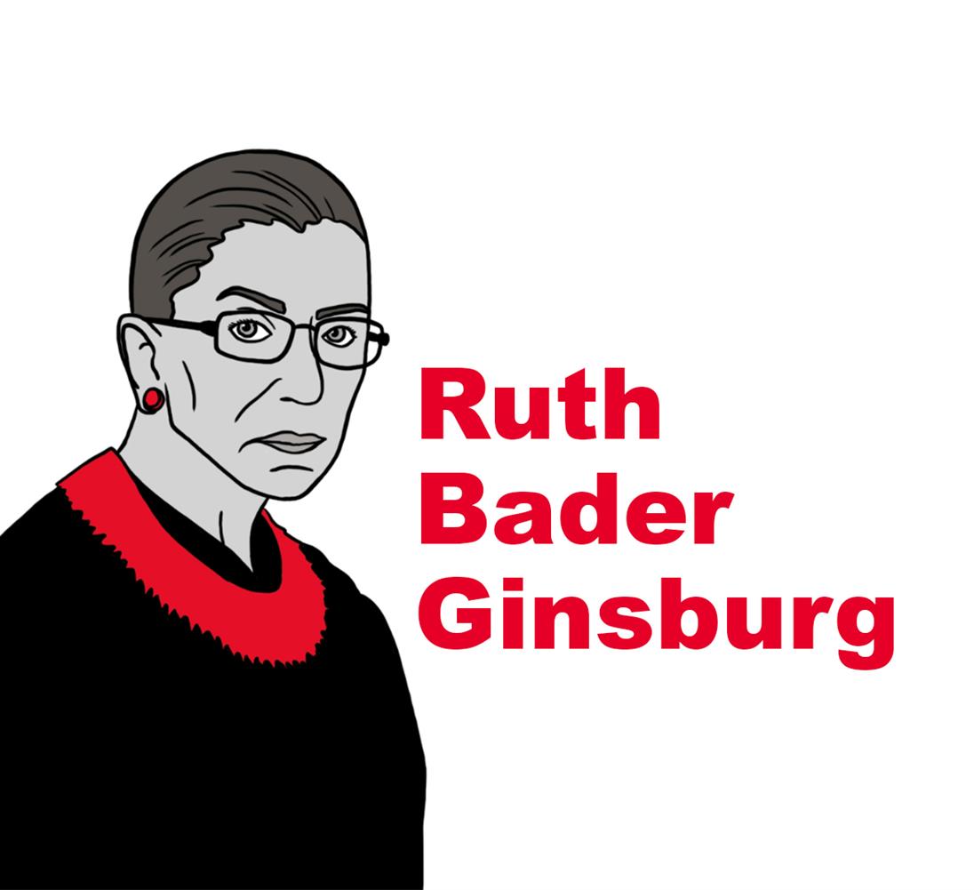 Auf dem Bild wird auf der linken Seite Ruth Bader Ginsburg illustriert abgebildet. Dazu werden die HSD Farben rot, grau und schwarz verendet. Der Hintergrund ist weiß.
Recht neben ihr steht in roter dicker Schrift "Ruth Bader Ginsburg".